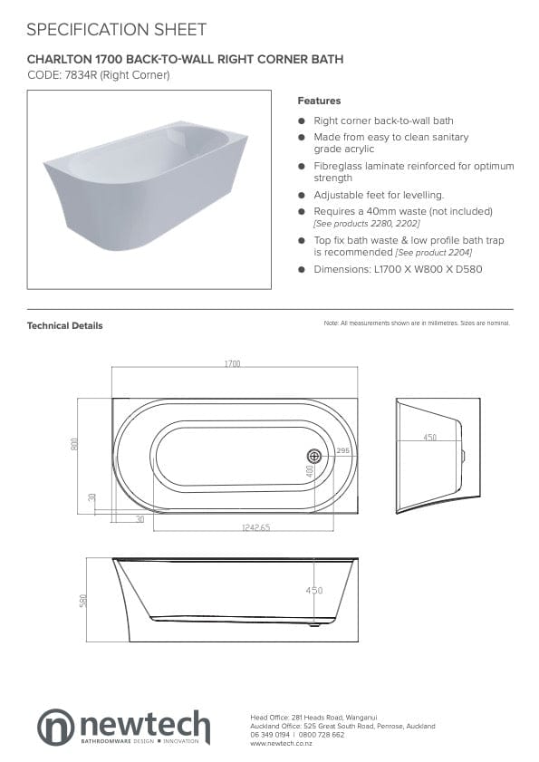 Newtech Bath Newtech Charlton Corner Bath 1700mm / Left Corner