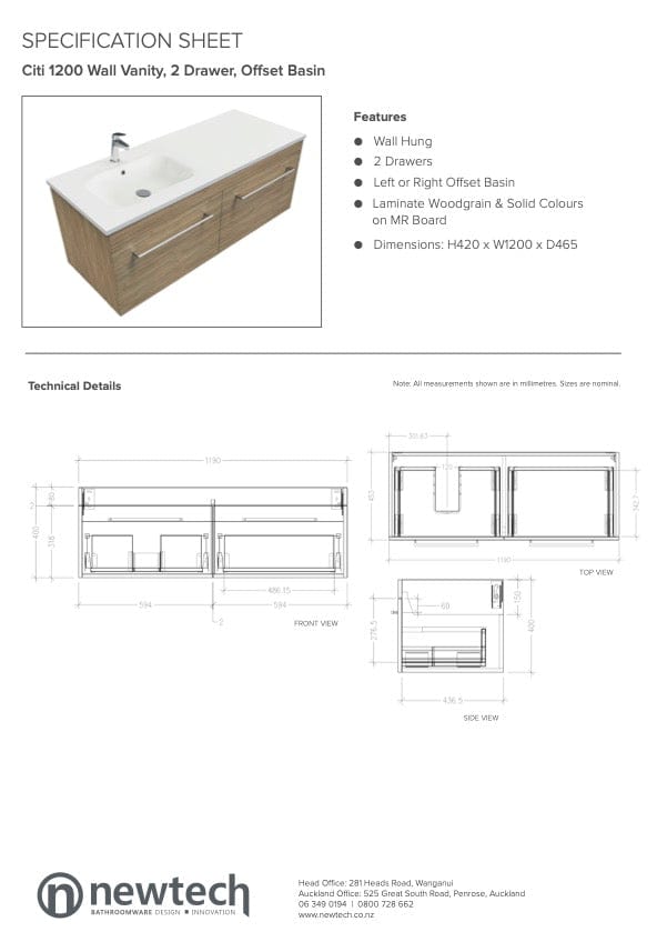 Newtech Newtech Citi 1200mm | Left Offset Basin Wall Vanity