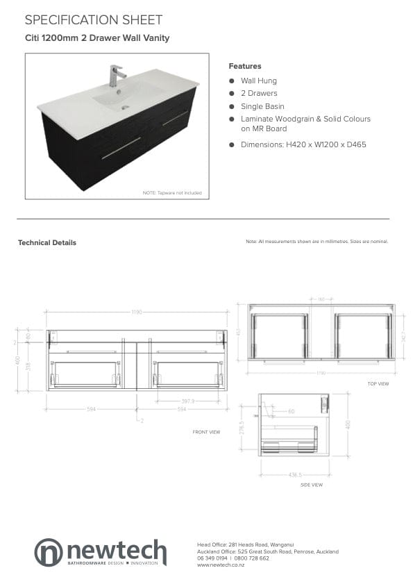 Newtech Newtech Citi 1200mm | 2 Drawer Wall Vanity