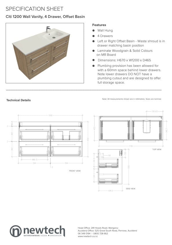 Newtech Newtech Citi Double Tier 1200mm | Left Offset Basin 4 Drawer Wall Vanity