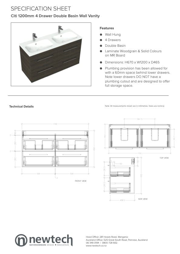 Newtech Newtech Citi Double Tier 1200mm | Double Basin 4 Drawer Wall Vanity