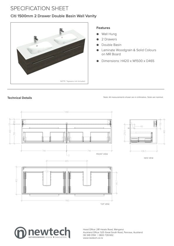 Newtech Newtech Citi 1500mm | 2 Drawer Double Basin Wall Vanity Charred Elm / Via Matte White