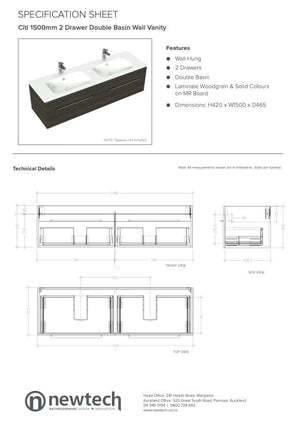 Newtech Newtech Citi 1500mm | 2 Drawer Double Basin Wall Vanity