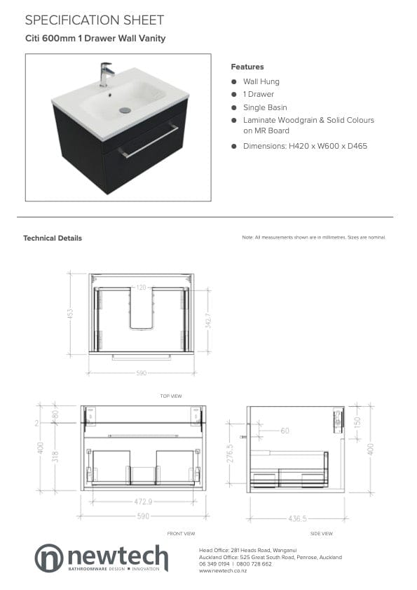 Newtech Newtech Citi 600mm | 1 Drawer Wall Vanity