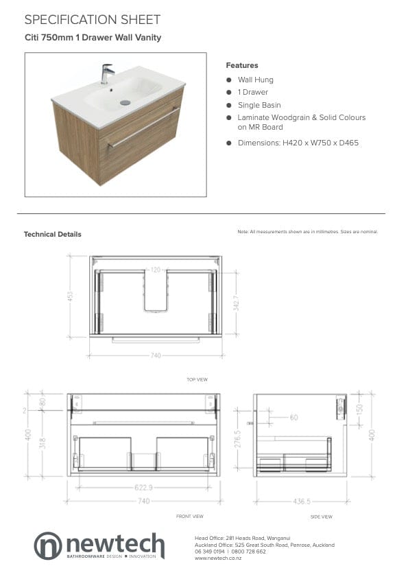 Newtech Newtech Citi 750mm | 1 Drawer Wall Vanity