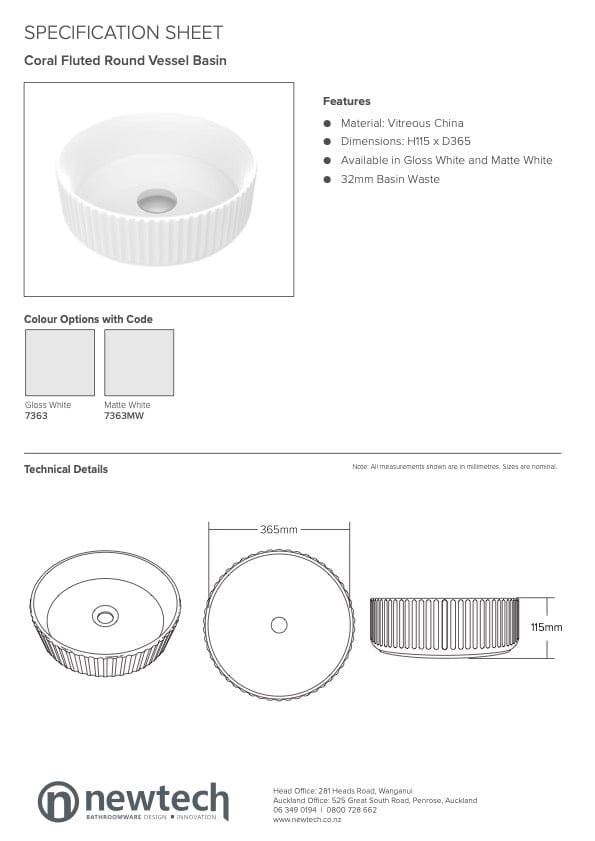 Newtech Basin Newtech Coral Fluted Round Vessel Basin