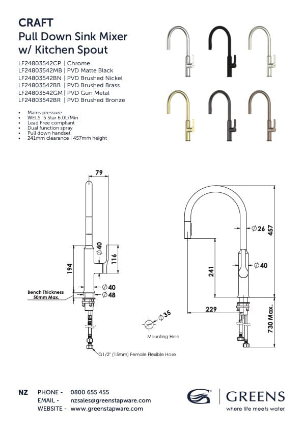 Greens Kitchen Tap Greens Craft Pulldown Kitchen Mixer with Kitchen Spout | Brushed Brass