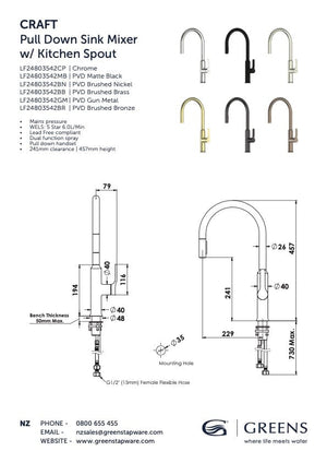 Greens Kitchen Tap Greens Craft Pulldown Kitchen Mixer with Kitchen Spout | Chrome