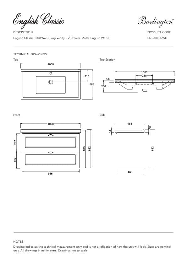Bath & Co Vanity Burlington English Classic 1000 Wall  Vanity | 1 Basin + 2 Drawers Matte White Paint / Antique Bronze
