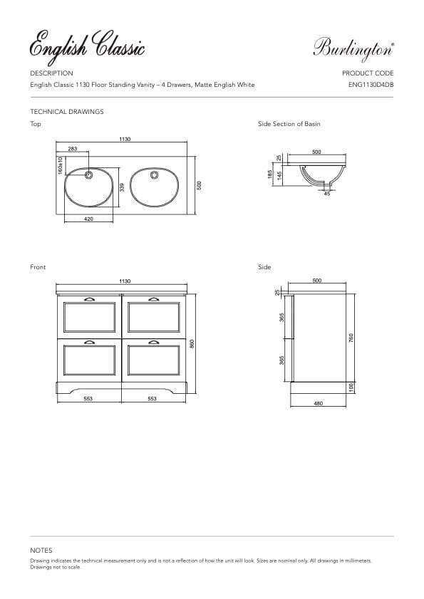 Bath & Co Vanity Burlington English Classic 1130 Floor Vanity | 2 Basins + 4 Drawers Custom Matte Paint / Antique Pewter / Black Granite