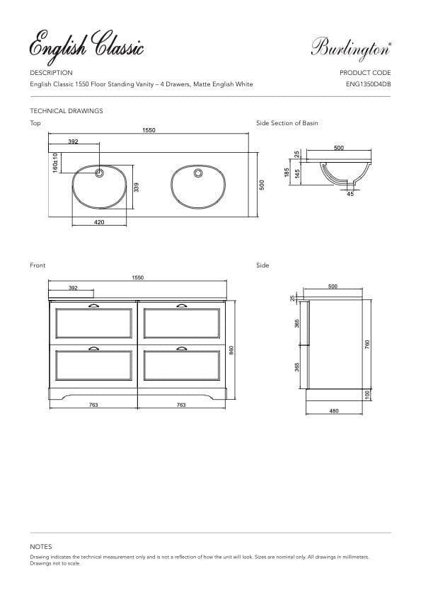 Bath & Co Vanity Burlington English Classic 1550 Floor Vanity | 2 Basins + 4 Drawers Custom Matte Paint / Antique Pewter / Black Granite
