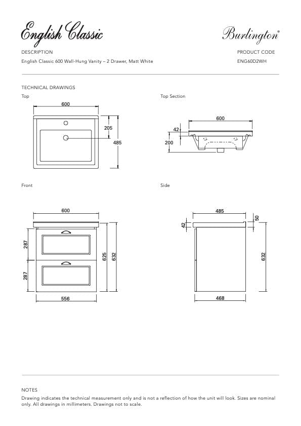 Bath & Co Vanity Burlington English Classic 600 Wall Vanity | 1 Basin + 2 Drawers Custom Matte Paint / Antique Pewter