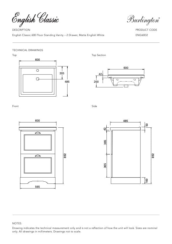Bath & Co Vanity Burlington English Classic 600 Floor Vanity | 1 Basin + 2 Drawers Custom Matte Paint / Antique Bronze