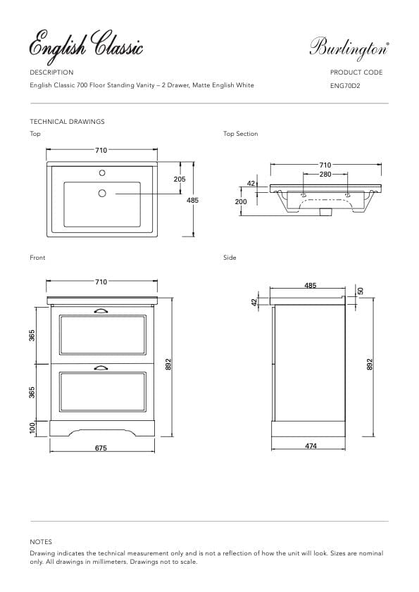 Bath & Co Vanity Burlington English Classic 700 Floor Vanity | 1 Basin + 2 Drawers Custom Matte Paint / Antique Pewter
