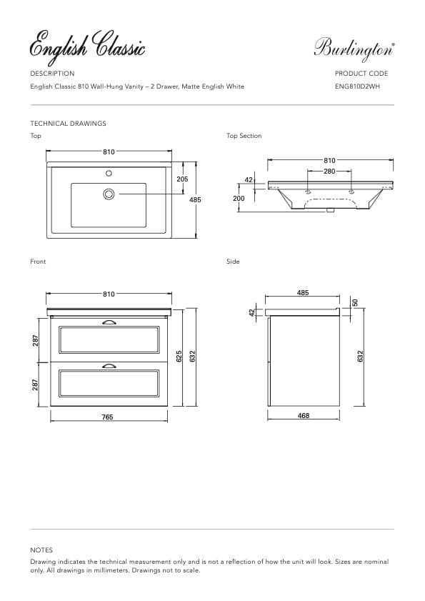 Bath & Co Vanity Burlington English Classic 810 Wall Vanity | 1 Basin + 2 Drawers Custom Matte Paint / Antique Pewter