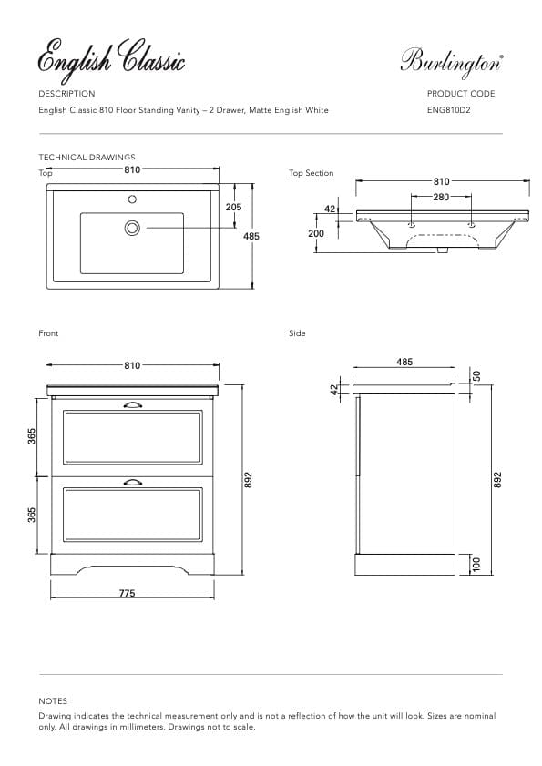 Bath & Co Vanity Burlington English Classic 810 Floor Vanity | 1 Basin + 2 Drawers Custom Matte Paint / Antique Pewter