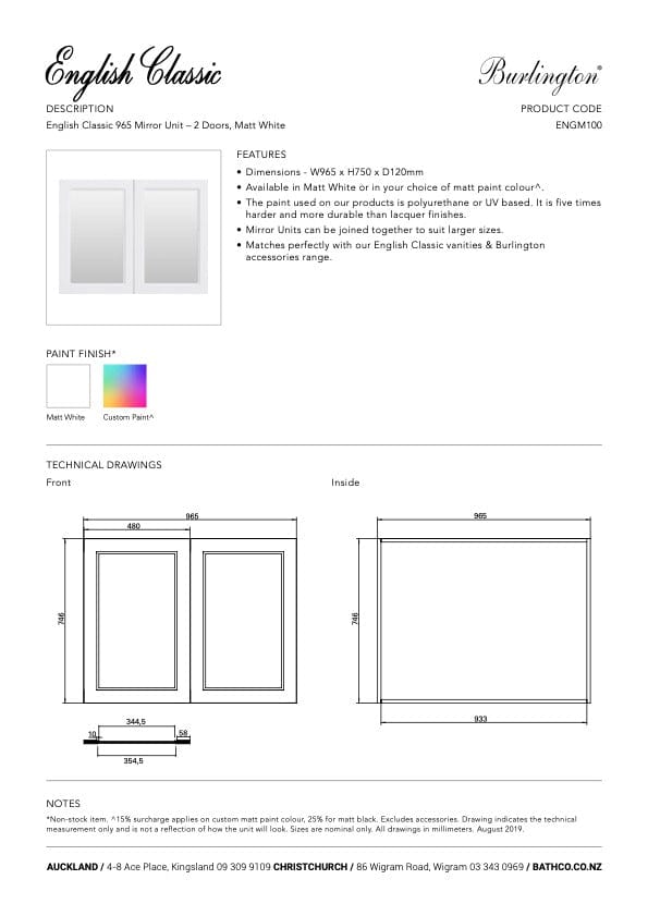 Bath & Co Mirror Burlington English Classic 965 Mirror Cabinet | 2 Doors & 2 Shelves Custom Matte Paint