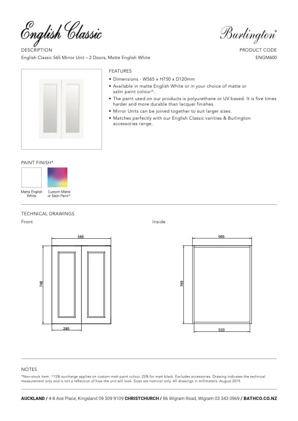 Bath & Co Mirror Burlington English Classic 565 Mirror Cabinet | 2 Doors & 2 Shelves Matte White Paint
