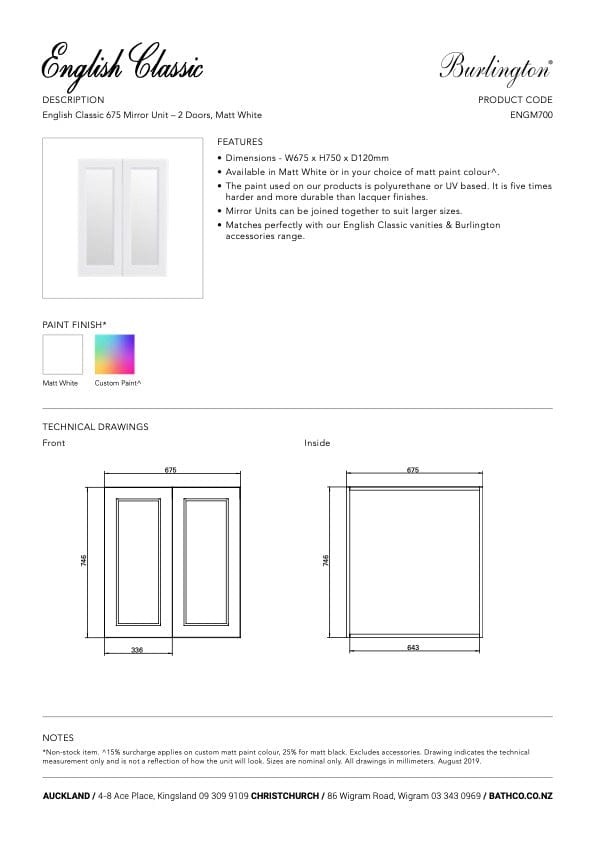 Bath & Co Mirror Burlington English Classic 675 Mirror Cabinet | 2 Doors & 2 Shelves Custom Matte Paint