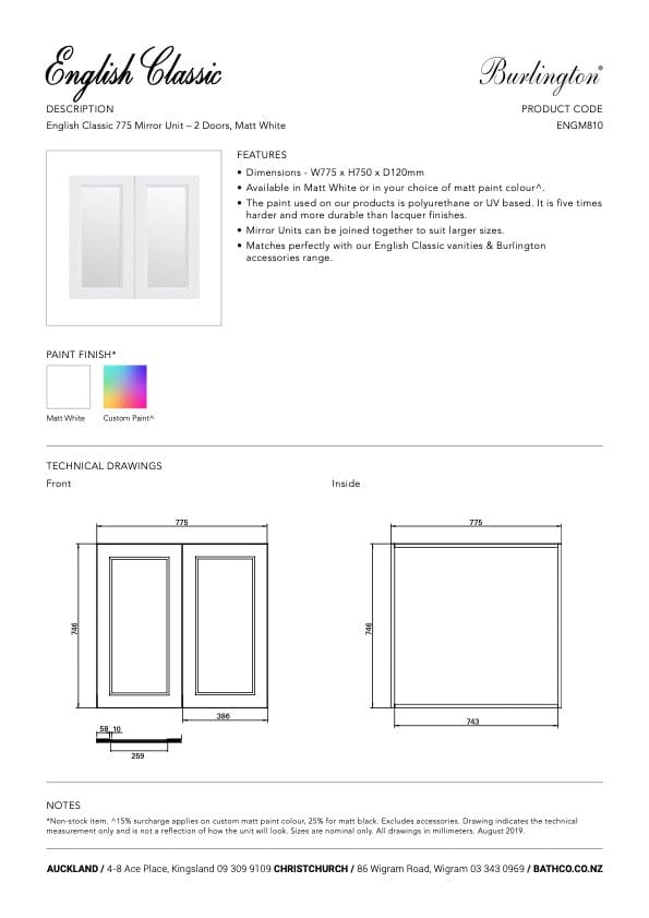 Bath & Co Mirror Burlington English Classic 775 Mirror Cabinet | 2 Doors & 2 Shelves Custom Matte Paint