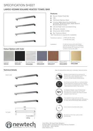 Newtech Heated Towel Bar Newtech Largo Square Heated Towel Rail 432mm | Chrome
