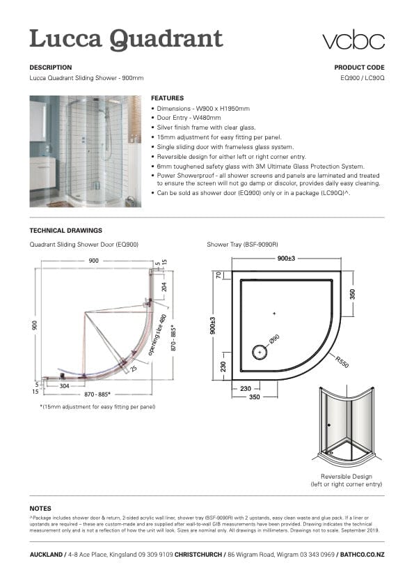 Bath & Co shower VCBC Lucca Quadrant Sliding Shower 900 x 900mm