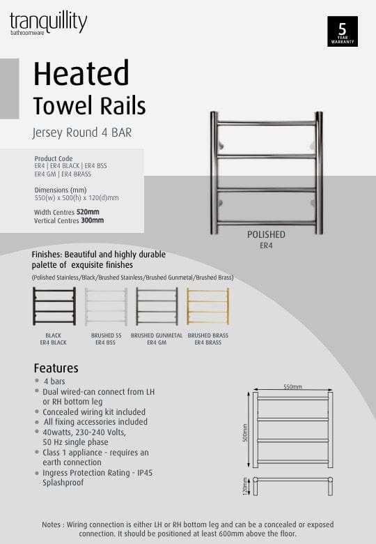 Tranquillity Heated Towel Ladder Tranquillity Jersey Round Heated Towel Ladder 500 x 550mm | Brushed Stainless