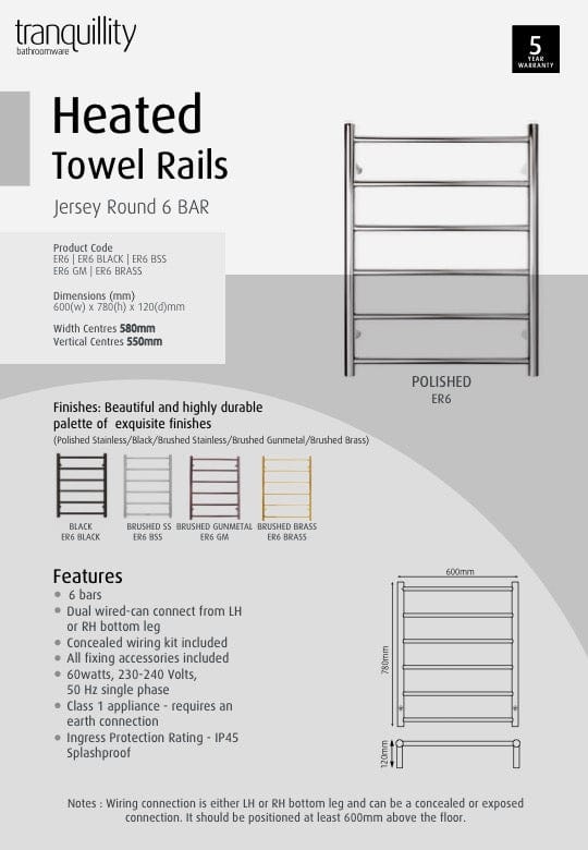 Tranquillity Heated Towel Ladder Tranquillity Jersey Round Heated Towel Ladder 780 x 600mm | Polished Stainless Right-Hand Cable / With Timer