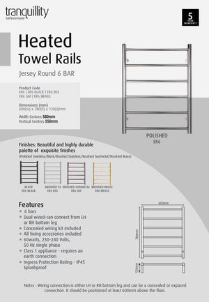 Tranquillity Heated Towel Ladder Tranquillity Jersey Round Heated Towel Ladder 780 x 600mm | Brushed Stainless