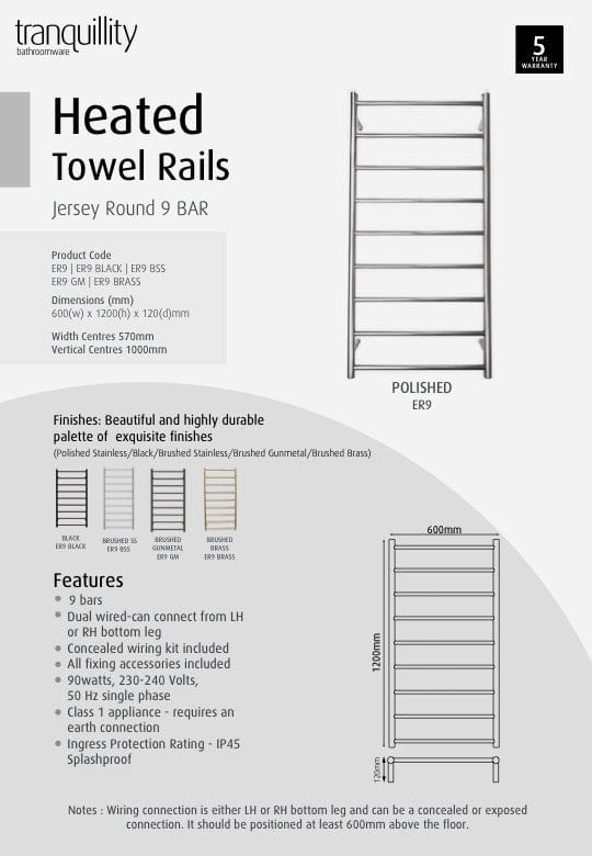 Tranquillity Heated Towel Ladder Tranquillity Jersey Round Heated Towel Ladder 1200 x 600mm | Polished Stainless Left-Hand Cable / Without Timer