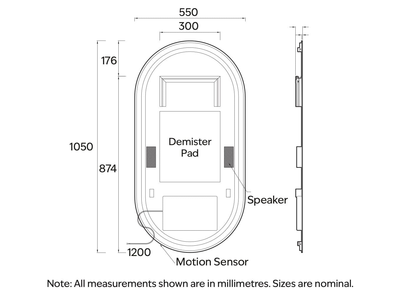 Code Interiors Code Interiors Euro Oval LED Mirror | Bluetooth Speaker | 550W x 1050H