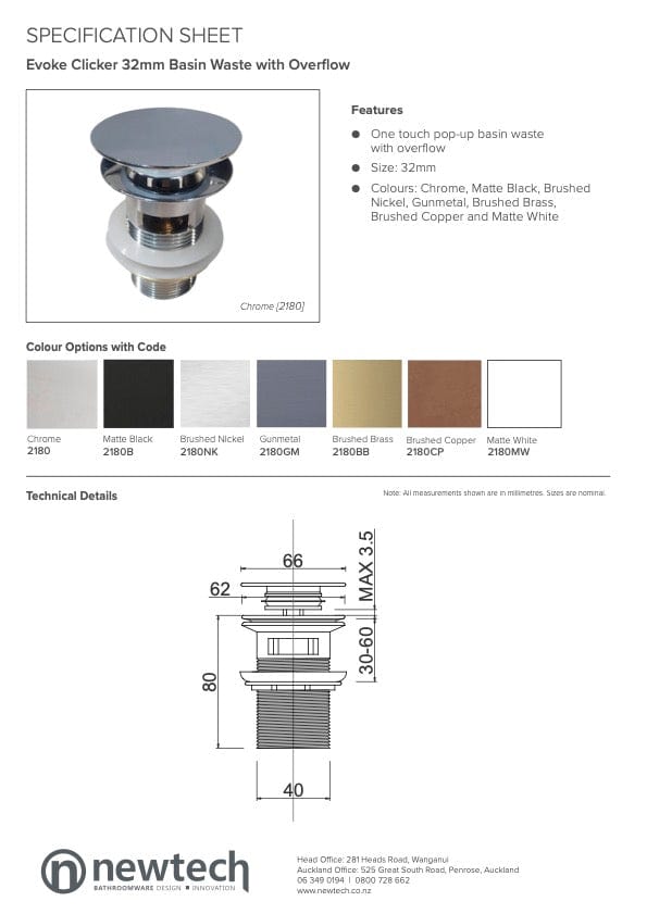 Newtech Pop Up Waste Newtech Evoke Clicker Basin Waste 32mm | Brushed Brass With Overflow
