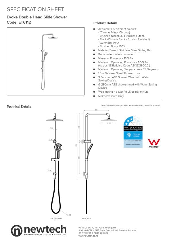 Newtech shower Evoke Double Head Slide Shower | Black