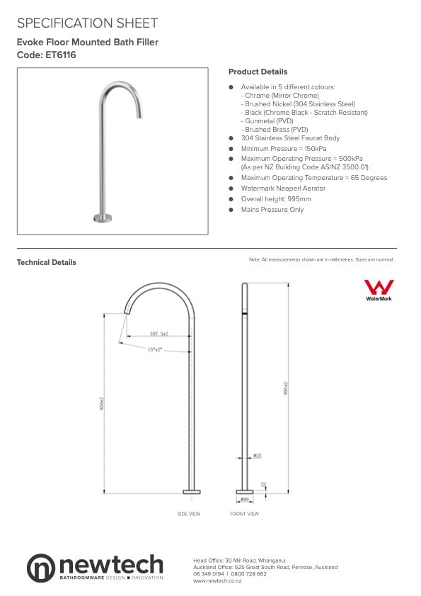 Newtech shower Evoke Floor Mounted Bath Filler | Brushed Brass