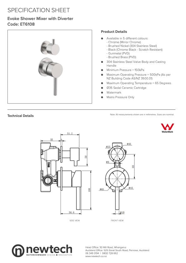 Newtech Basin Tap Evoke Shower Mixer with Diverter | Black