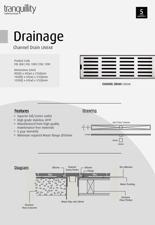 Tranquillity Bathroom Accessories Tranquillity Channel Drain | Linear 1200mm