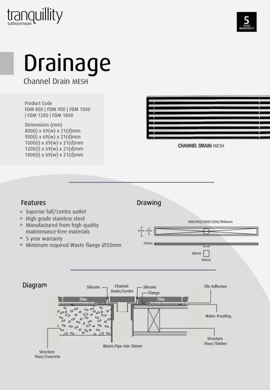 Tranquillity Bathroom Accessories Tranquillity Channel Drain | Mesh 1200mm