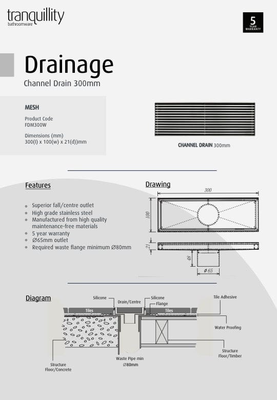Tranquillity Bathroom Accessories Tranquillity Short Channel Drain | Mesh