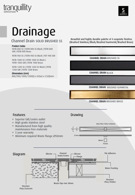 Tranquillity Bathroom Accessories Tranquillity Channel Drain | Brushed Gunmetal 800mm