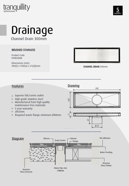 Tranquillity Bathroom Accessories Tranquillity Short Channel Drain | Brushed Stainless