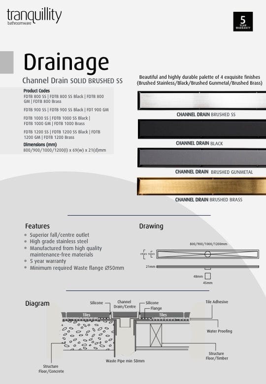 Tranquillity Bathroom Accessories Tranquillity Channel Drain | Matte Black 1200mm