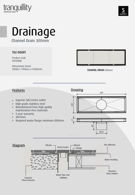 Tranquillity Bathroom Accessories Tranquillity Short Channel Drain | Tile Insert