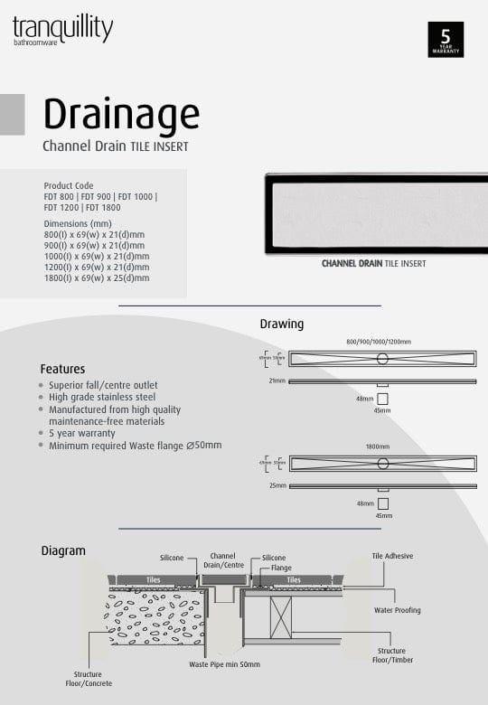 Tranquillity Bathroom Accessories Tranquillity Channel Drain | Tile Insert 1800mm