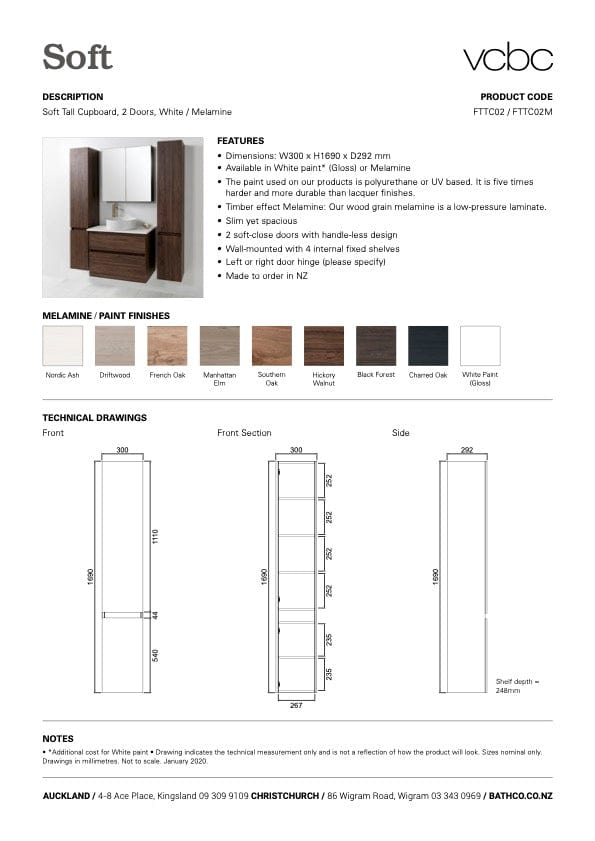 Bath & Co Vanity VCBC Soft Wall-Hung Tall Cabinet | 2 Doors & 4 Shelves Right Hinge