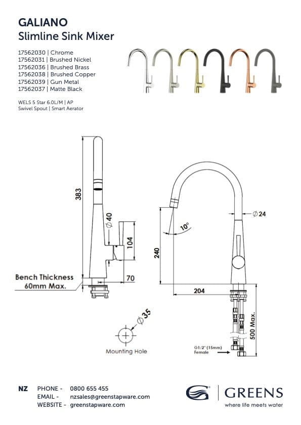 Greens Kitchen Tap Greens Galiano Slimline Sink Mixer | Chrome