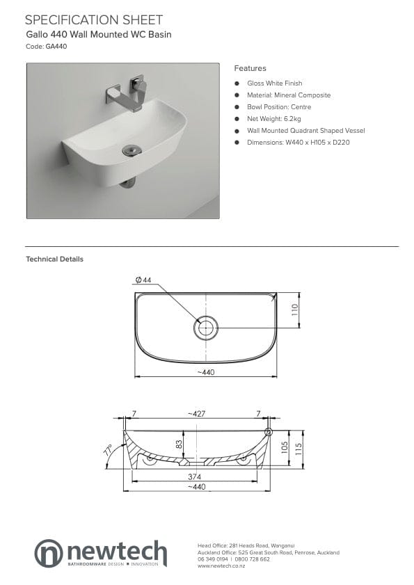 Newtech Basin Newtech Gallo Wall Mounted WC Basin