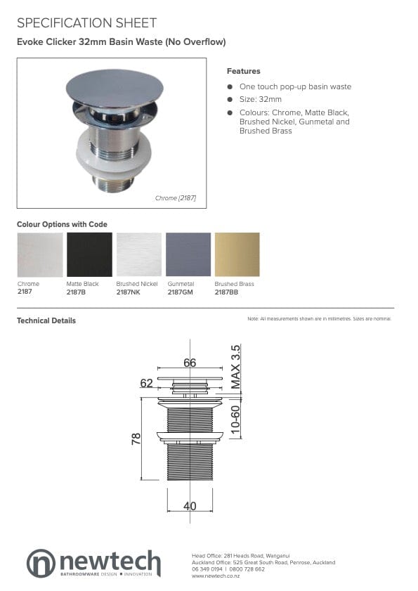 Newtech Pop Up Waste Newtech Evoke Clicker Basin Waste 32mm | Brushed Nickel Without Overflow