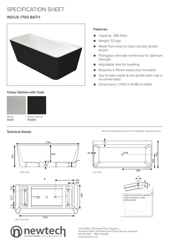 Newtech Bath Newtech Indus Back to Wall Bath | White 1700mm (385L/52KG)