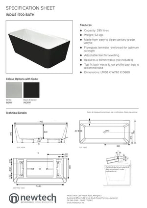 Newtech Bath Newtech Indus Back to Wall Bath | White 1700mm (385L/52KG)