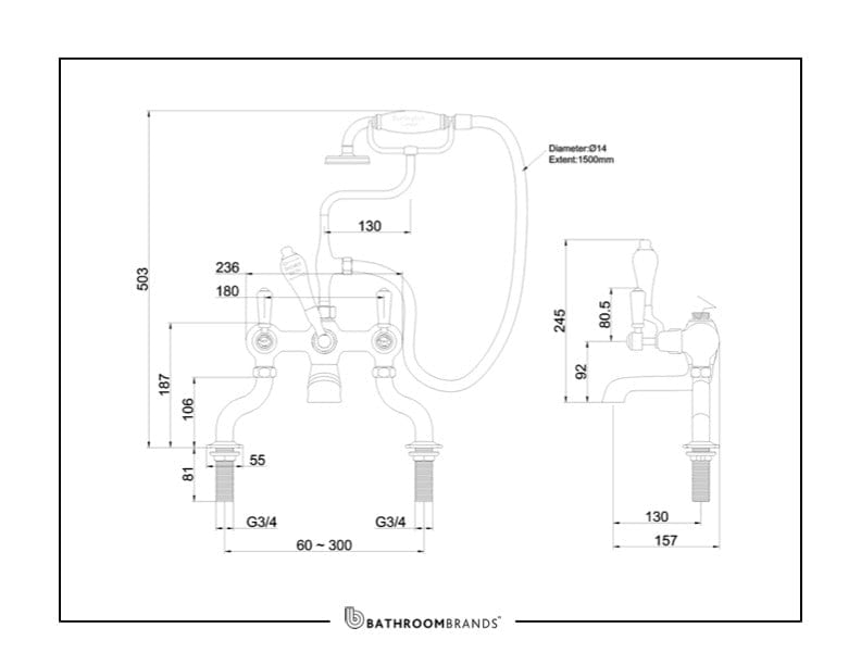 Burlington Bath Tap Burlington Kensington Regent Deck Mounted Bath/Shower Mixer | Chrome Black